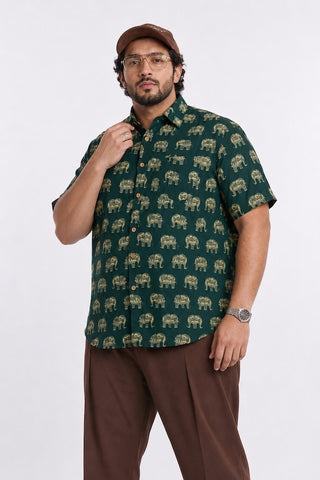 Classic Green Print Half Sleeve Plus Size Shirt for Men