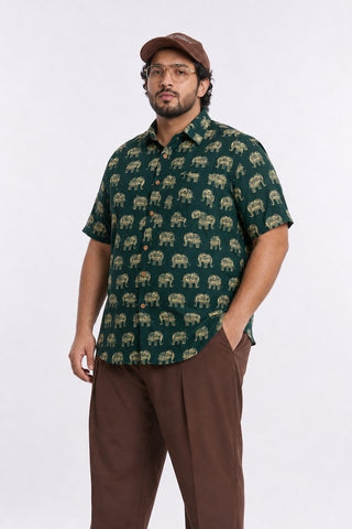 Classic Green Print Half Sleeve Plus Size Shirt for Men