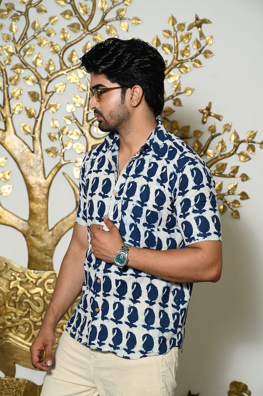 Block Print Plus Size Indigo Classic Cotton Shirt for Men