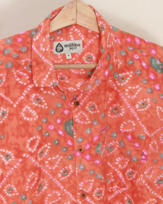 Cotton Orange Half Sleeve Bandhej Shirt for Men