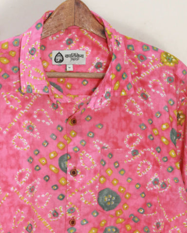 Cotton Peach Half Sleeve Bandhej Shirt for Men