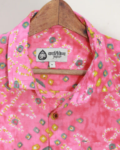 Cotton Peach Half Sleeve Bandhej Shirt for Men