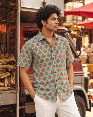 Bagru Print Half Sleeve Handmade Cotton Shirt for Men - Organic