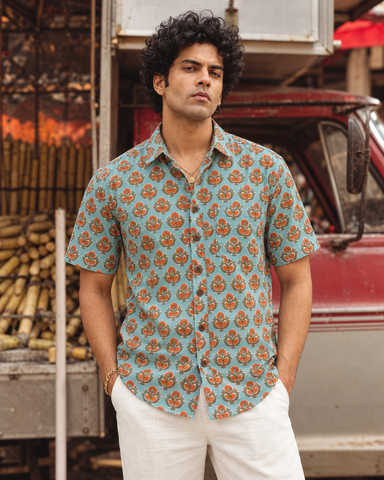 Bagru Print Half Sleeve Handmade Cotton Shirt for Men - Organic