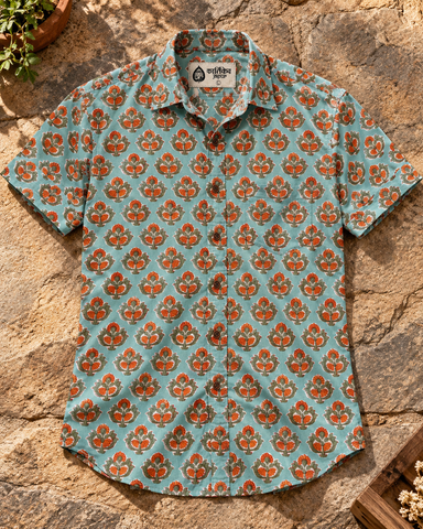 Bagru Print Half Sleeve Handmade Cotton Shirt for Men - Organic