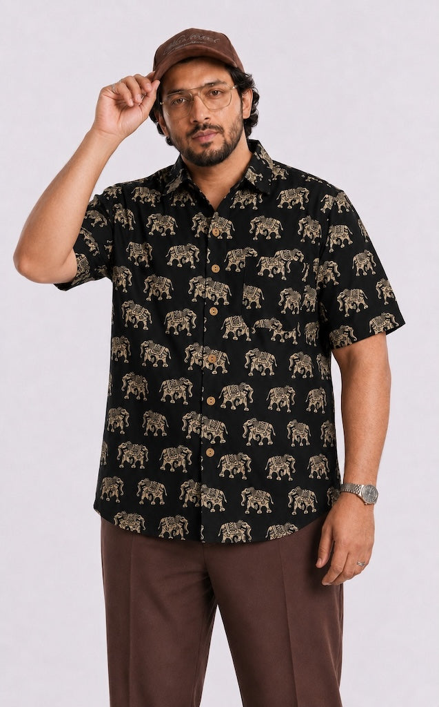 Black Elephant Half Sleeve Plus Size Shirt for Men