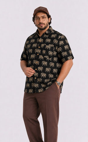 Black Elephant Half Sleeve Plus Size Shirt for Men