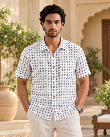 Punjabi Alphabets Hand Block Classic Half Sleeves Shirt - Organic
