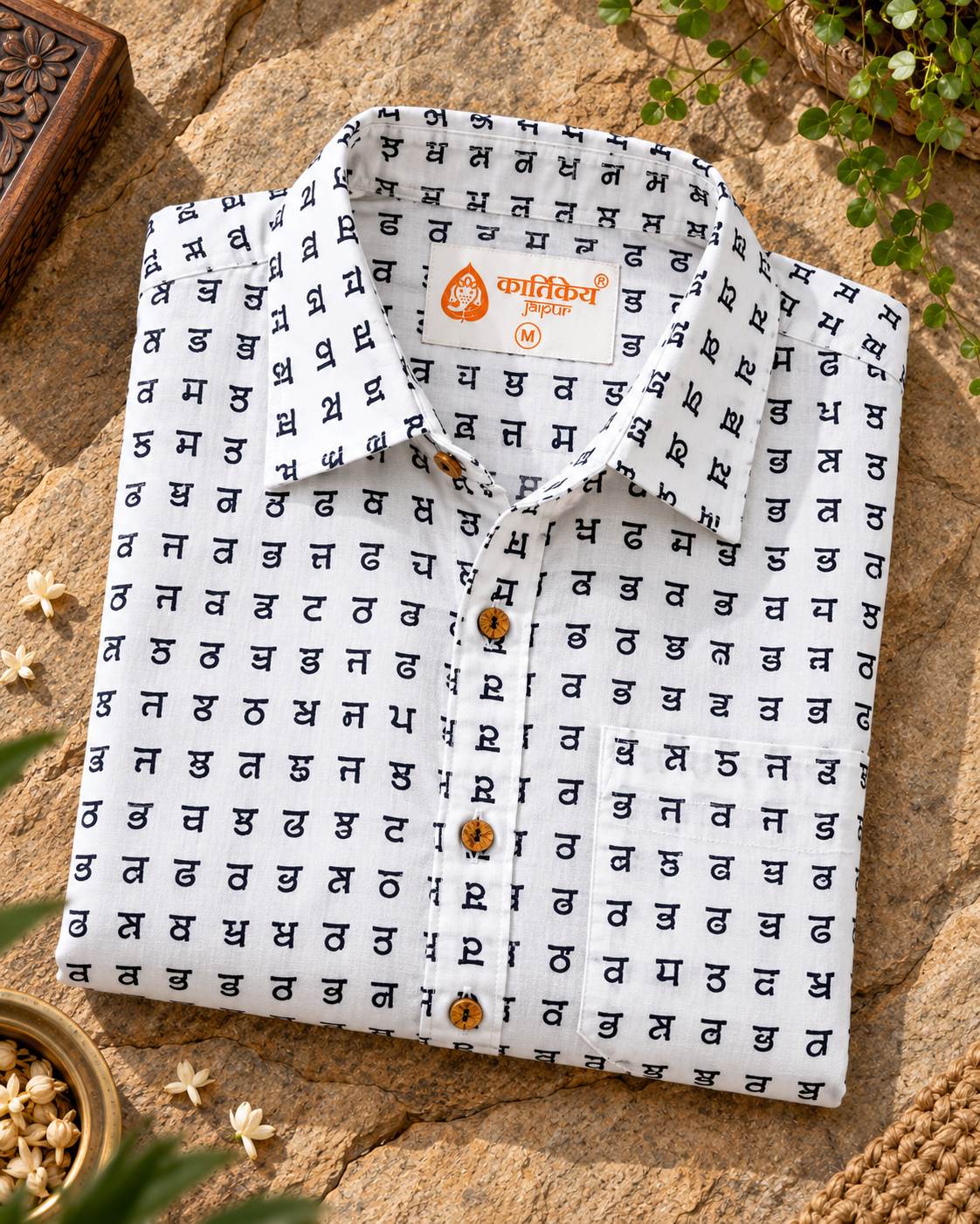 Punjabi Alphabets Hand Block Classic Half Sleeves Shirt - Organic
