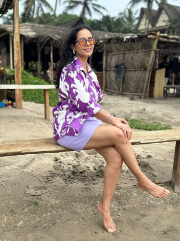 Ikat Print Purple Women Oversized Shirt with Bralette Combo