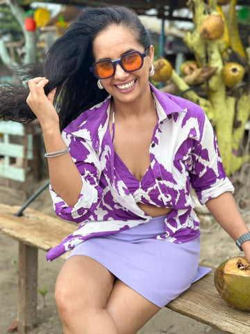 Ikat Print Purple Women Oversized Shirt with Bralette Combo
