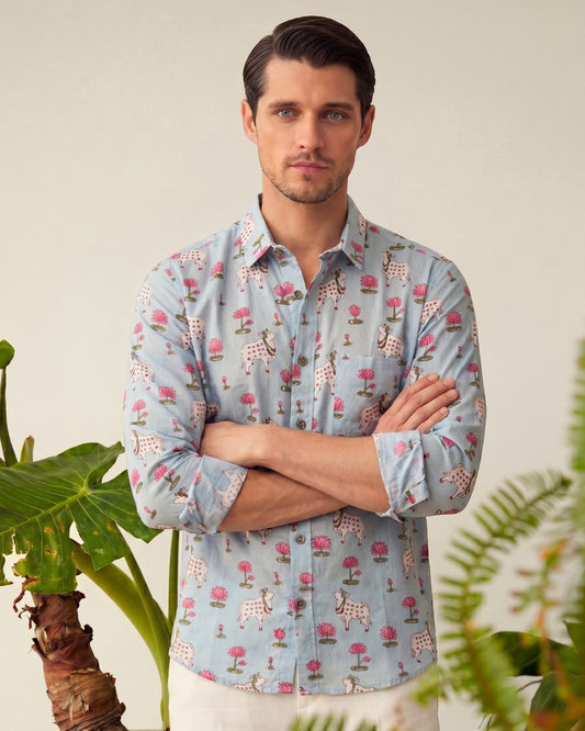 Pichwai Cow Sky Blue Full Sleeves Men Shirt