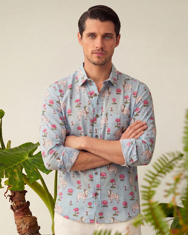 Pichwai Cow Sky Blue Full Sleeves Men Shirt