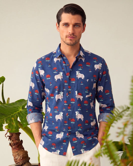 Pichwai Cow Blue Full Sleeves Men Shirt