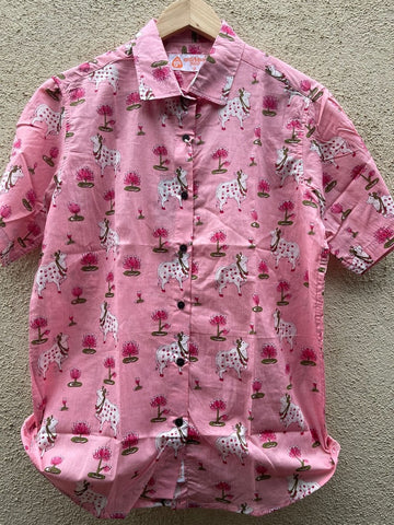 Pichwai Cow Printed Cotton Half Sleeve Shirt For Women