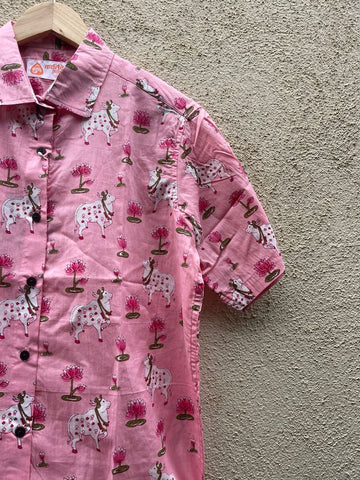 Pichwai Cow Printed Cotton Half Sleeve Shirt For Women