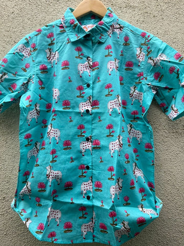 Pichwai Cow Printed Cotton Half Sleeve Shirt For Women