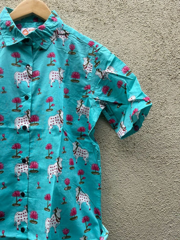 Pichwai Cow Printed Cotton Half Sleeve Shirt For Women