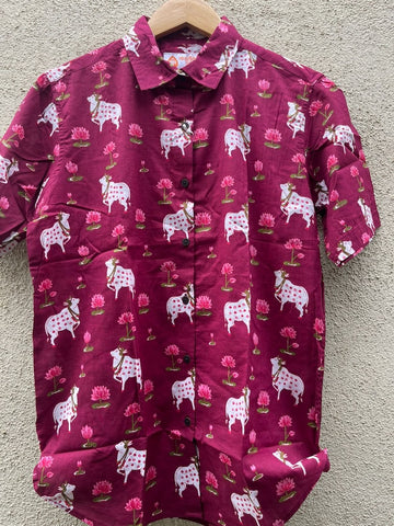 Pichwai Cow Printed Cotton Half Sleeve Shirt For Women