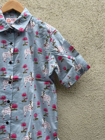 Pichwai Cow Printed Cotton Half Sleeve Shirt For Women