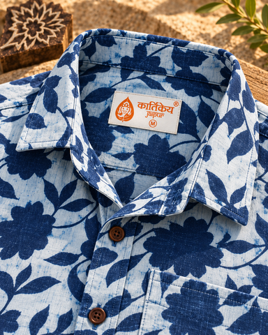 Kartikeya Jaipur Natural Print Indigo Full Sleeves Shirt -Organic ( Pre Book - Dispatch by 5TH NOV )