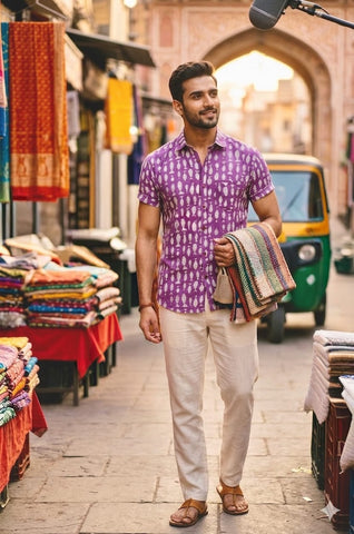 Purple Hand Block Fish Print Cotton Shirt for Men