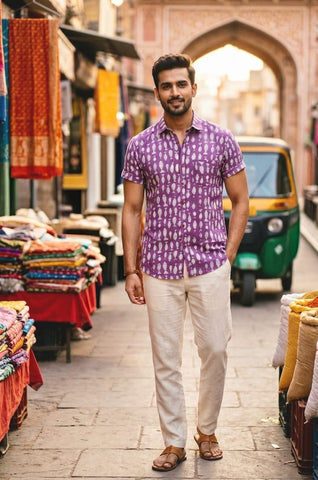 Purple Hand Block Fish Print Cotton Shirt for Men