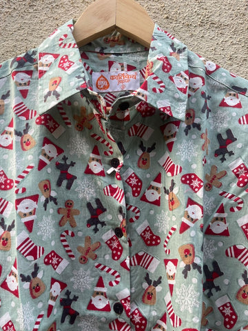 Christmas Print Full Sleeve Cotton Shirt for Womens