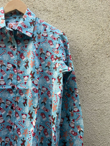 Christmas Print Full Sleeve Cotton Shirt for Womens