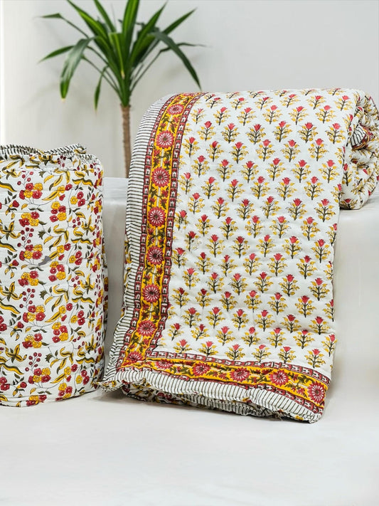 HANDCRAFTED PREMIUM JAIPURI BLOCK DOUBLE BED HAND QUILT ( RAZAI )