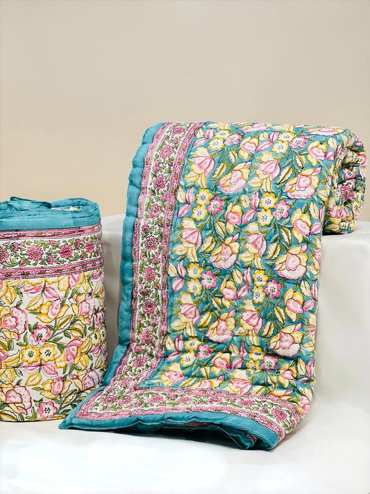 PREMIUM JAIPURI BLOCK DOUBLE BED HAND QUILT ( RAZAI )