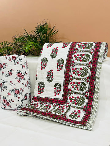 HANDCRAFTED PREMIUM JAIPURI BLOCK DOUBLE BED HAND QUILT ( RAZAI )