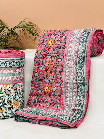 PREMIUM JAIPURI BLOCK DOUBLE BED HAND QUILT ( RAZAI )