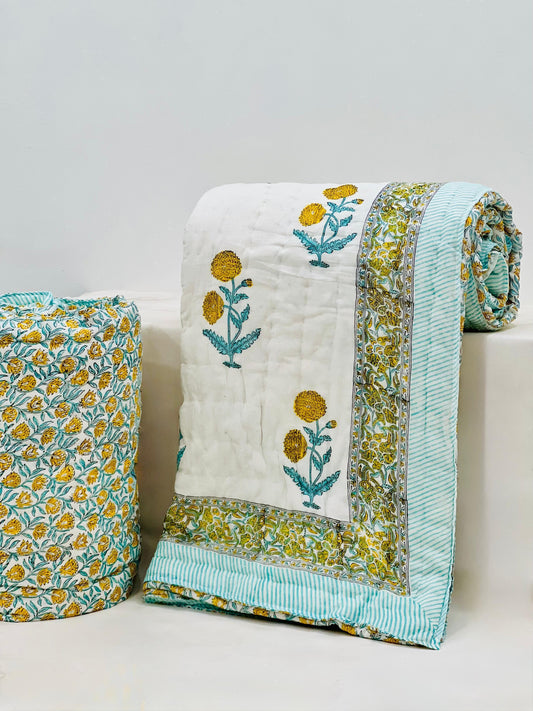 PREMIUM JAIPURI BLOCK DOUBLE BED HAND QUILT ( RAZAI )