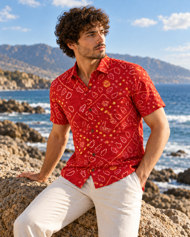 Cotton Half Sleeve Bandhej Print ROKA Shirt for Men - RED