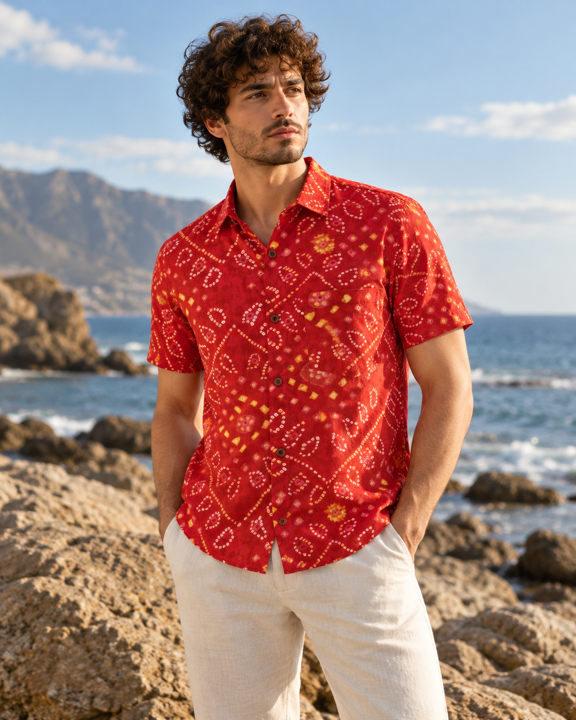 Cotton Half Sleeve Bandhej Print ROKA Shirt for Men - RED