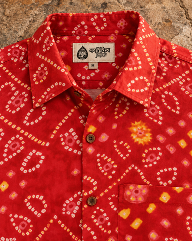 Cotton Half Sleeve Bandhej Print ROKA Shirt for Men - RED
