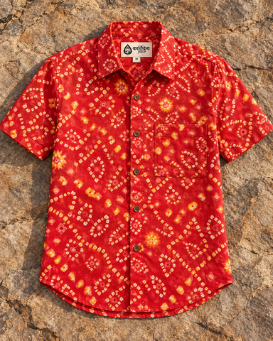 Cotton Half Sleeve Bandhej Print ROKA Shirt for Men - RED
