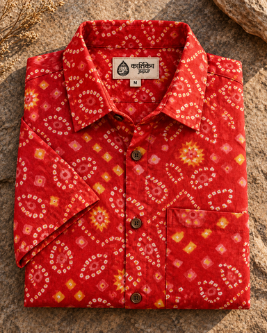 Cotton Half Sleeve Bandhej Print ROKA Shirt for Men - RED