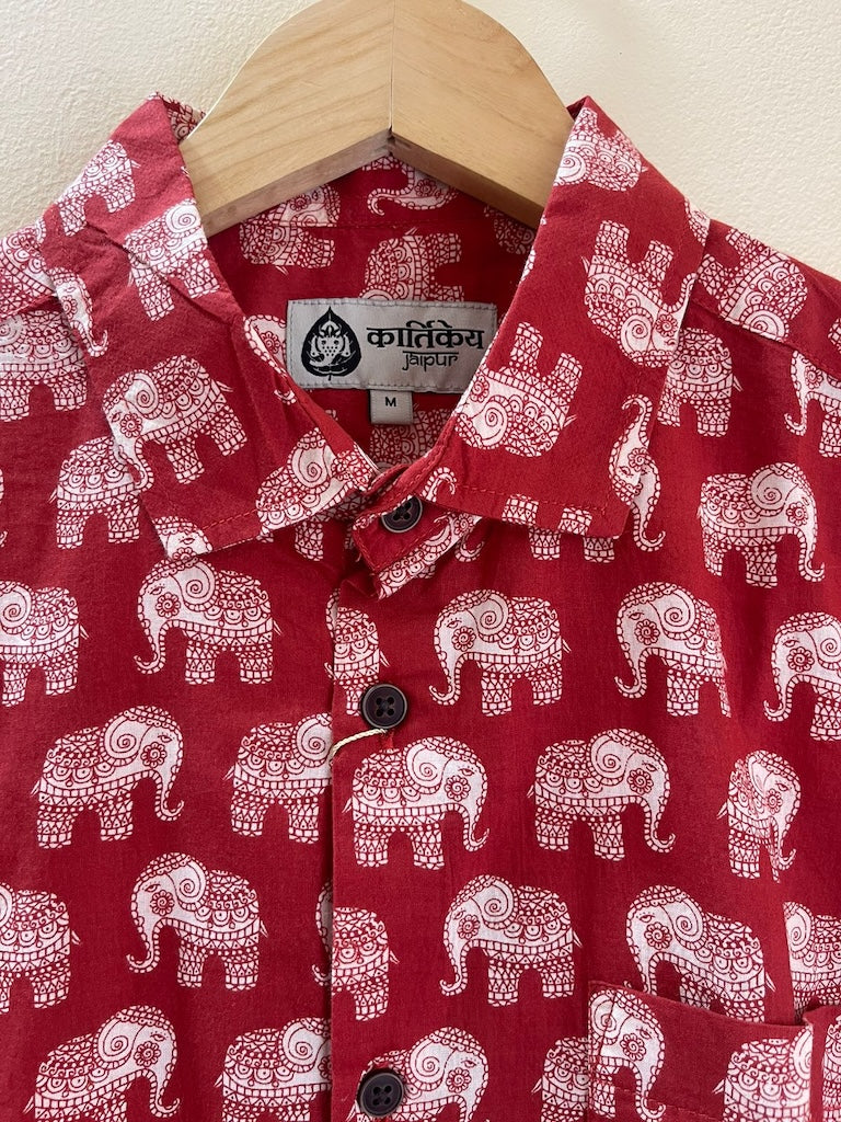 Red Elephant Print Classic Cotton Men's Shirt