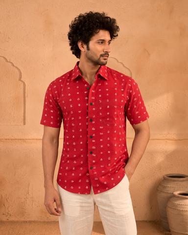 Classic Telugu Alphabets Block Print Cotton Men's Shirt Half