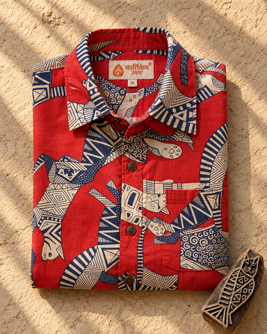 Sphynx Cat Print Cotton Classic Half Shirt for Men - Orangish Red