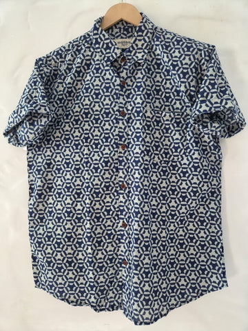 Indigo Print Cotton Half Sleeves Shirt for Men - Limited Edition