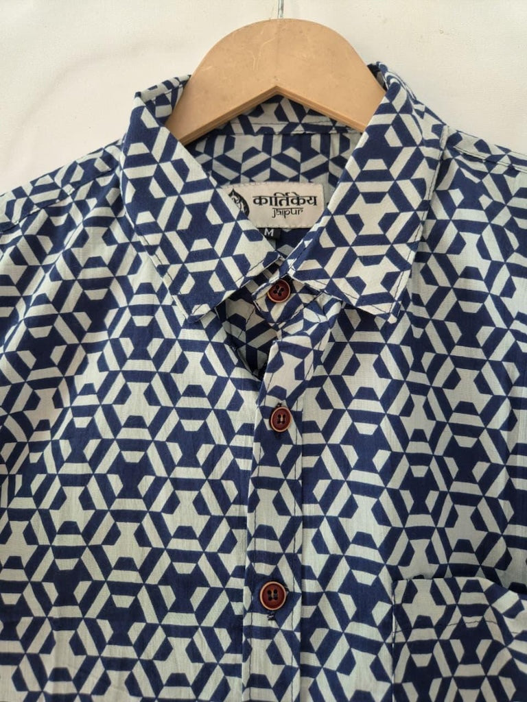 Indigo Print Cotton Half Sleeves Shirt for Men - Limited Edition