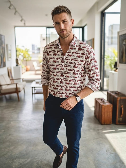 Classic Jeep Print Relaxed Fit Vintage Shirt for Men