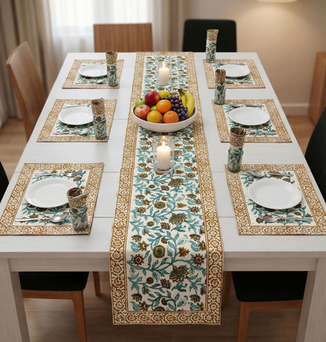 Hand Block Printed Premium Table Mat Set + Matching Runner