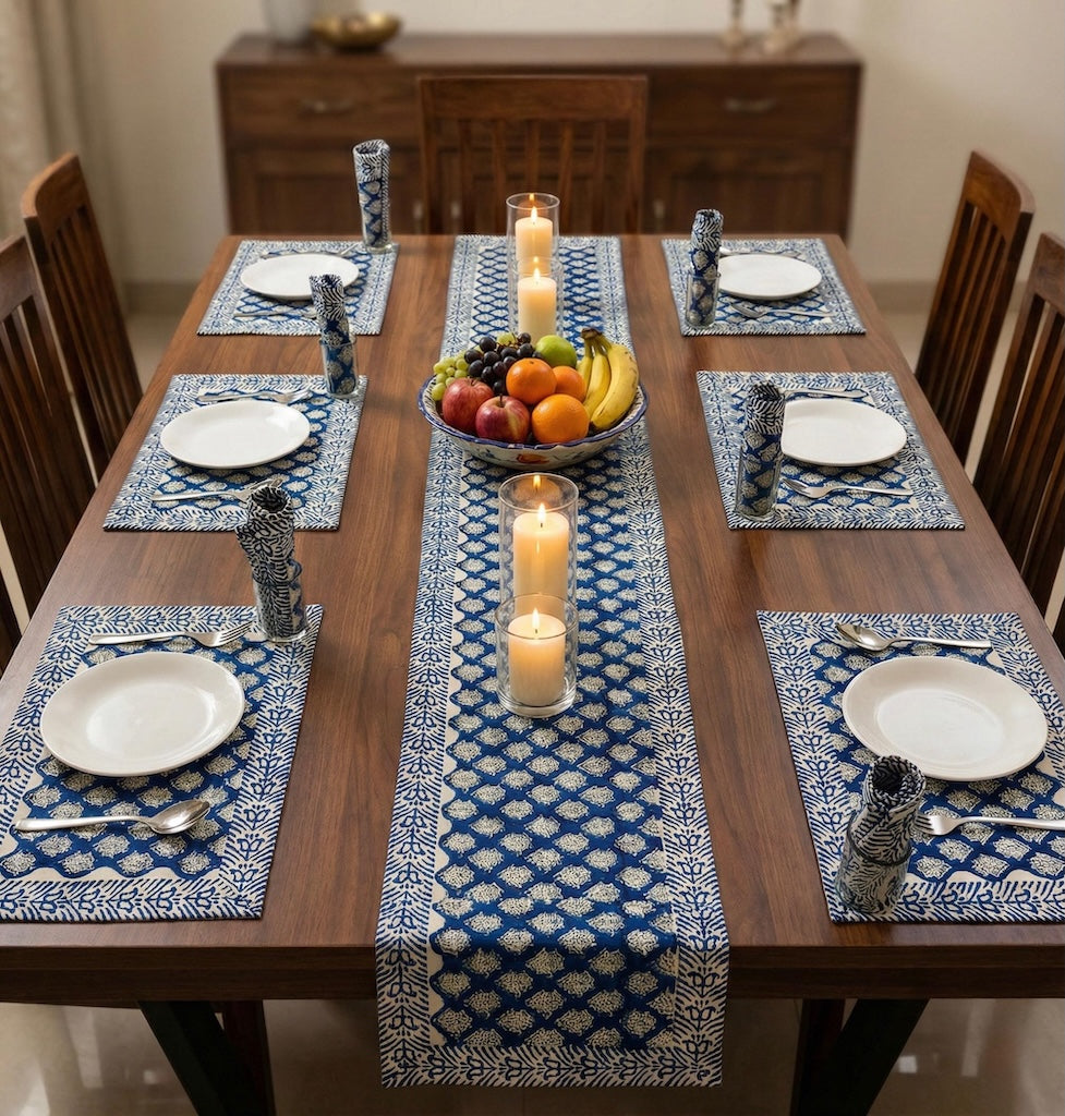 Hand Block Printed Premium Table Mat Set + Matching Runner