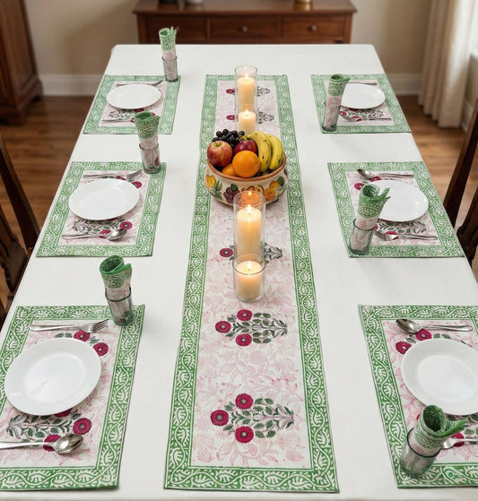 Hand Block Printed Premium Table Mat Set + Matching Runner