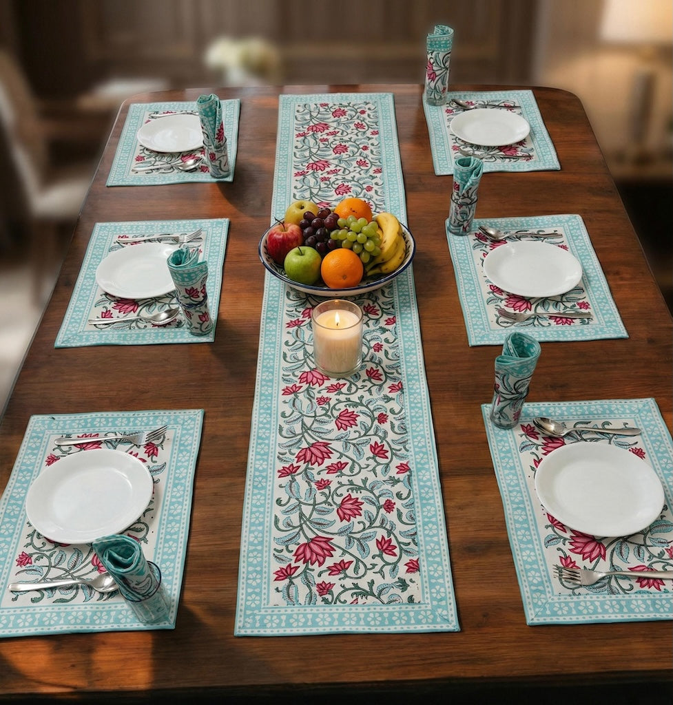 Hand Block Printed Premium Table Mat Set + Matching Runner