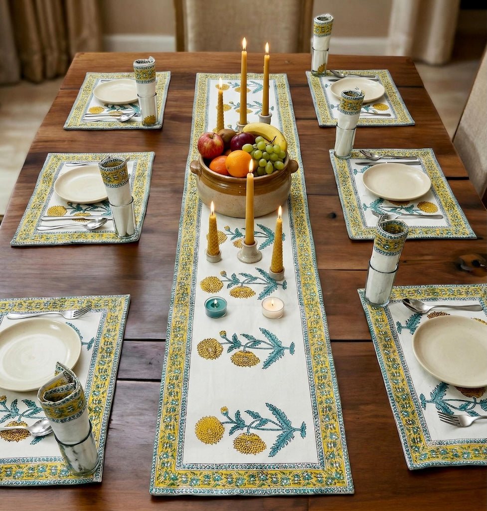 Hand Block Printed Premium Table Mat Set + Matching Runner